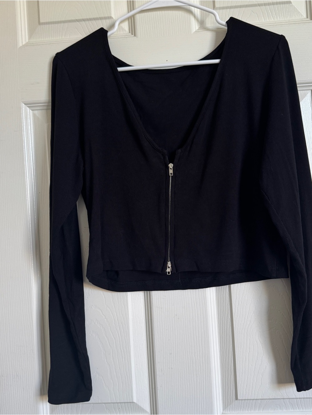 Blush Mark Deep V-Neck Black Long Sleeve Zip-Front Crop Top